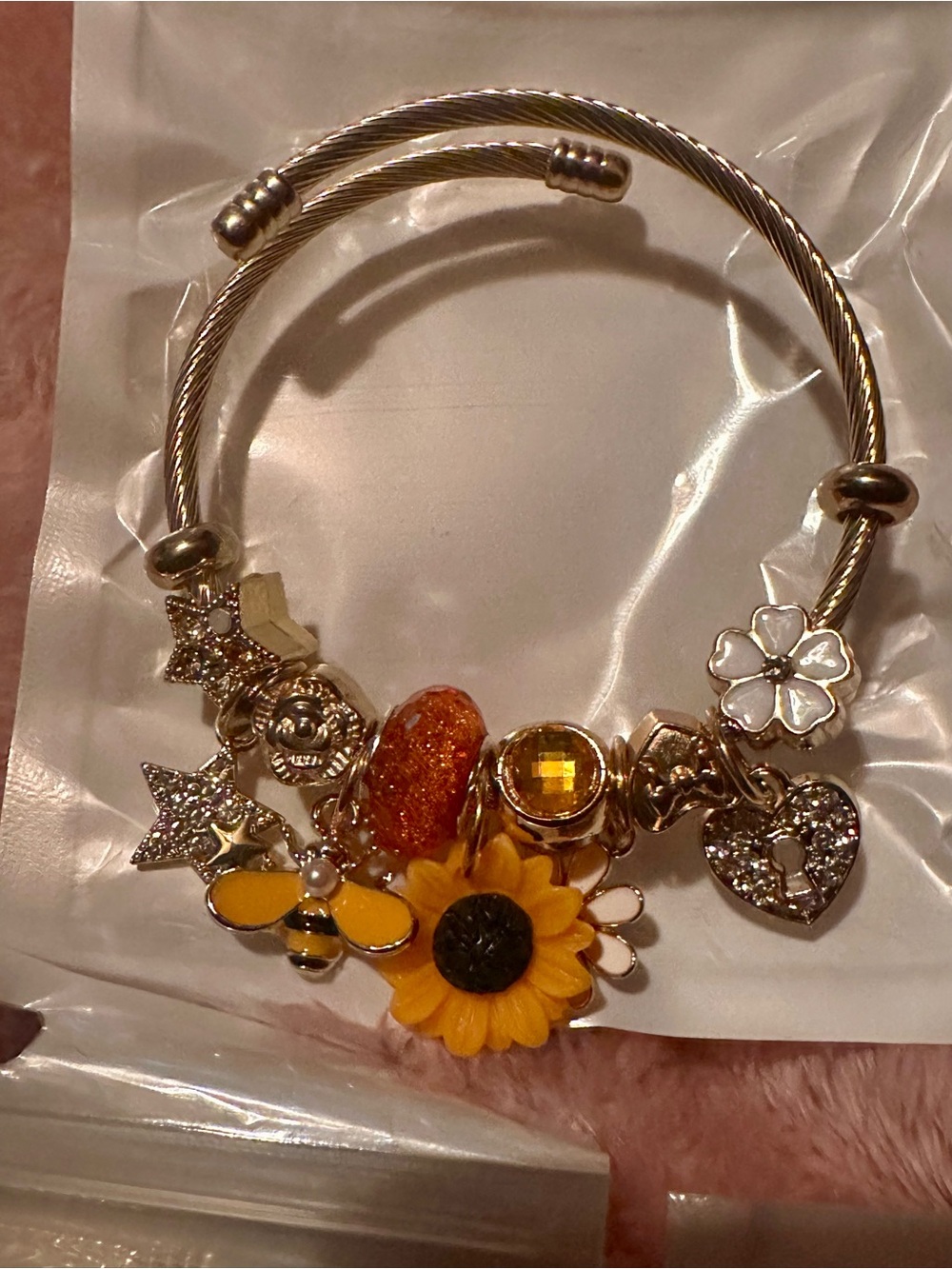Gold-Tone Sunflower & Bee Charm Bracelet - Yellow Accents